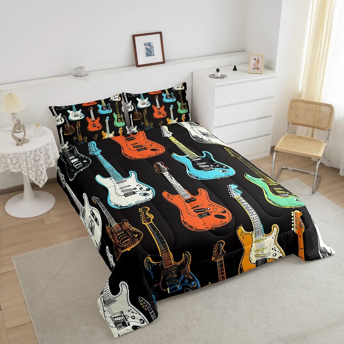 Castle Fairy Juego de ropa de cama de guitarra colorida, tamaño matrimonial, edredón de instrumentos musicales para niños, adolescentes, amantes de la música, bajo rock, edredón de plumón, estilo