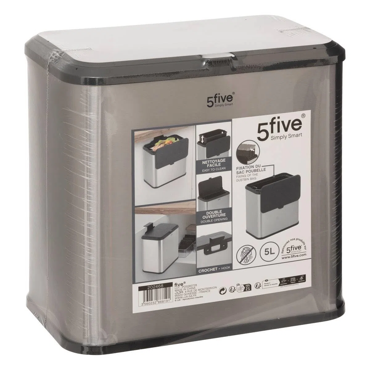 5five - Contenedor de compostaje de acero inoxidable de 5 l con gancho para colgar, doble apertura, cubo extraíble, revestimiento antihuellas, fácil limpieza