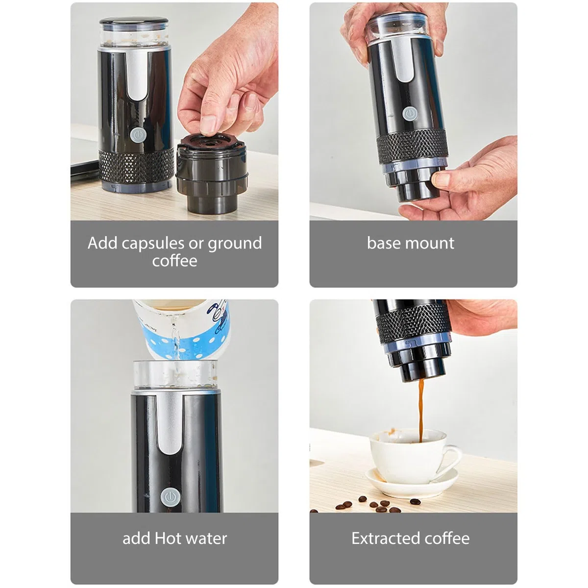 Fockety Cafetera Espresso Portátil, Cafetera de Viaje Compatible con Cápsulas K Cup y Café Molido, Batería 1200mah, Cafetera Monodosis para Camping RV Senderismo Oficina