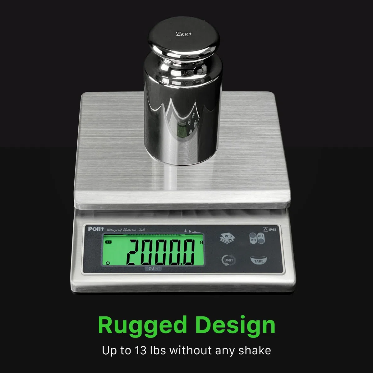 Polit Báscula digital de cocina para alimentos, 13 libras/6 kg, 0,5 g, precisión de 0,5 g, acero inoxidable impermeable con pantalla LCD, recargable, 5 unidades de peso (adaptador de corriente