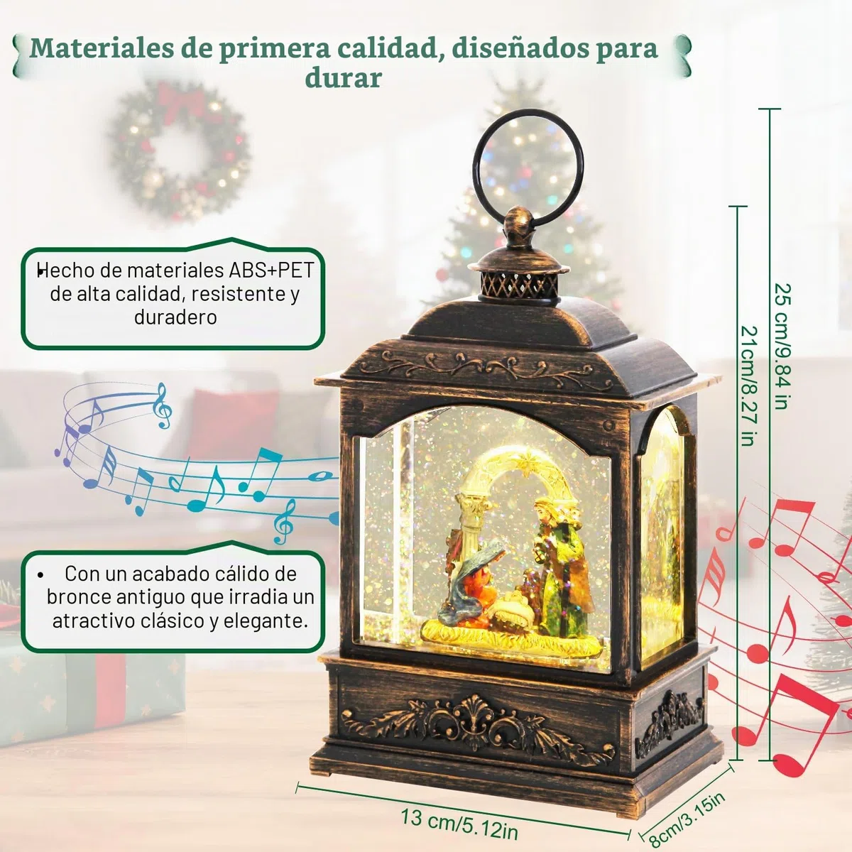 Globo de Nieve de Navidad, Linterna Musical con Belén, Bola de Agua Linterna Led para Decoración Navideña, Función de Temporizador, 21cm, Alimentación por USB o Batería