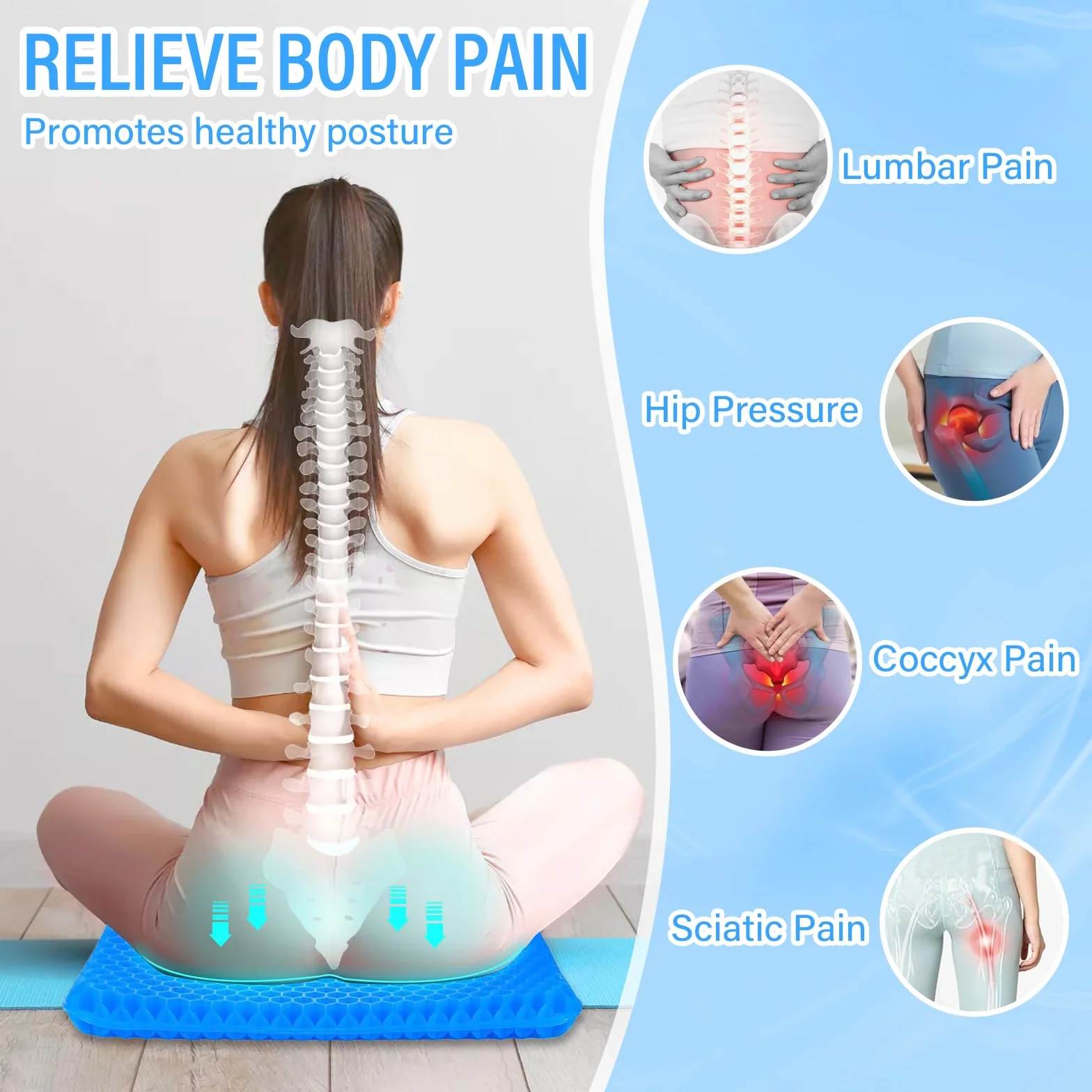 Cojin coxis Gel, Cojin antiescaras para Silla de Oficina Asiento para coxis ortopedico Apoyo Transpirable Cojin Ergonomico con Funda Antideslizante Cojín Postural para Coche, Oficina y Silla Ruedas