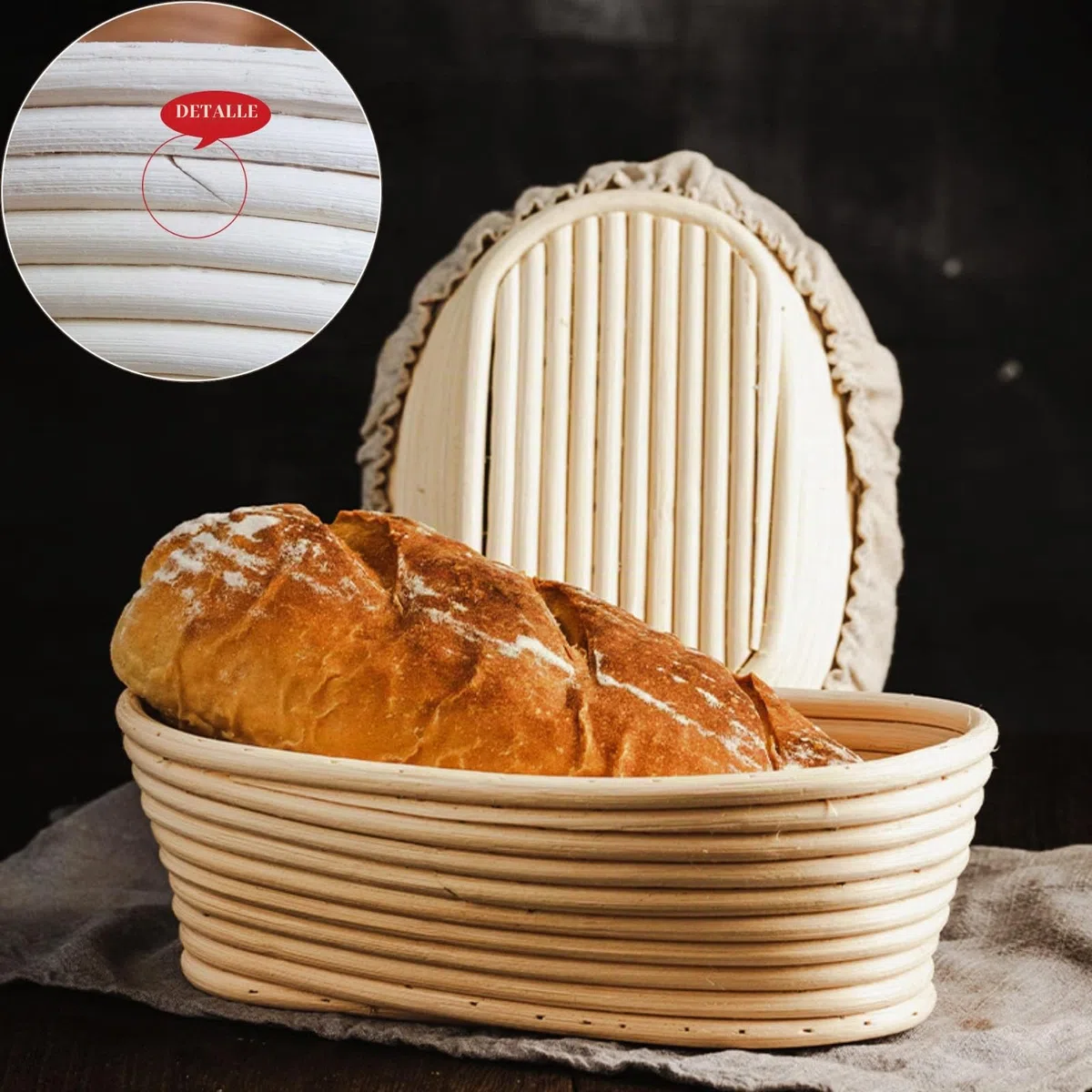 Cesta de Fermentación de Masas Ovalado,Ratán Natural,2 Piezas 12" Banneton Cuenco de Prueba,con Tela de Lino Panadero Antiadherente y un batidor de masa,para Hacer Baguettes,Pan,25*14*8.cm,Hasta 750g