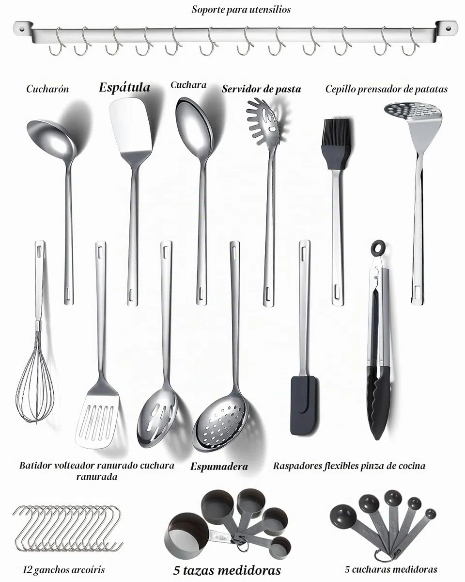 Kyraton - Juego de utensilios de cocina (acero inoxidable, 37 piezas, antiadherente, resistente al calor, apto para lavavajillas