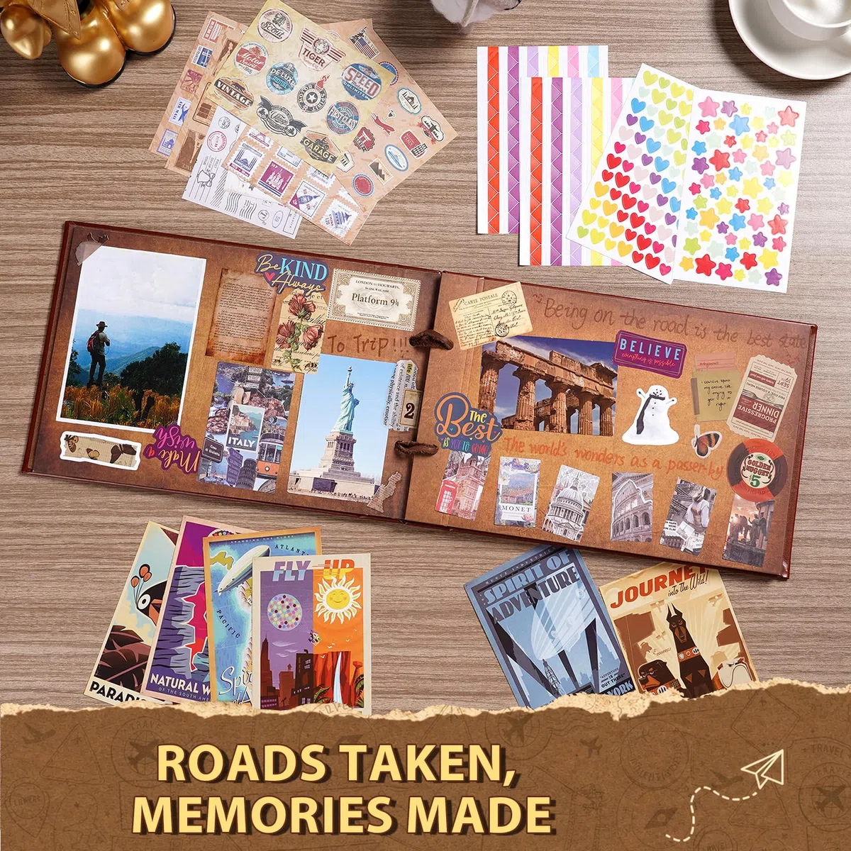 Our Adventure Book scrapbooking, 30 x 19 cm 80 páginas album fotos para pegar y escribir, libro de recortes de viajes de cuero con texto en relieve 3d, para aniversarios, navidad, regalos del día de l