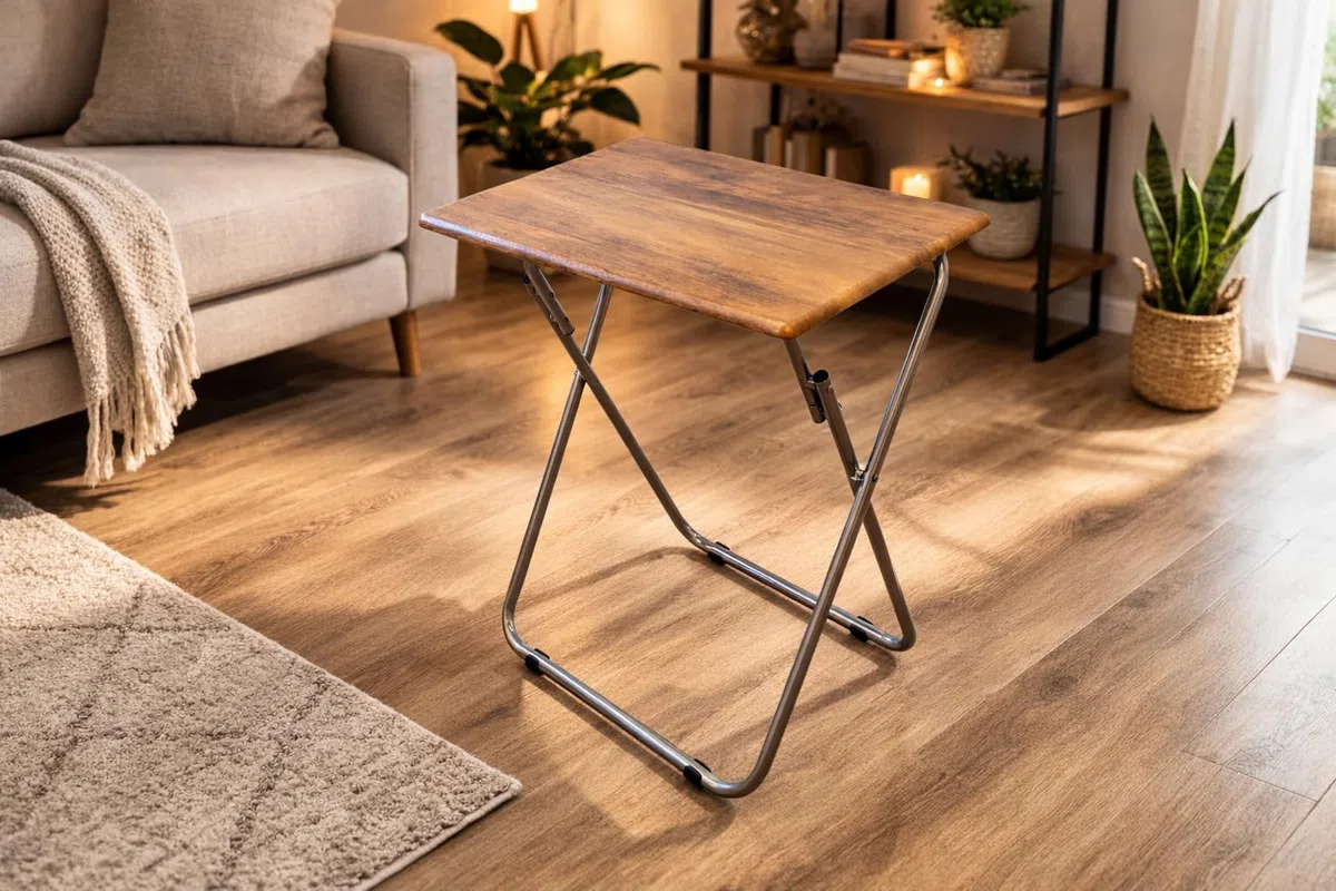 Acomoda Textil - Mesa Plegable Multiusos con Estructura Metalica y Tablero Madera. Mesa Auxiliar Antideslizante y Resistente para Cocina, Salon, Dormitorio, Oficina o Estudio. (48x38x66 cm)