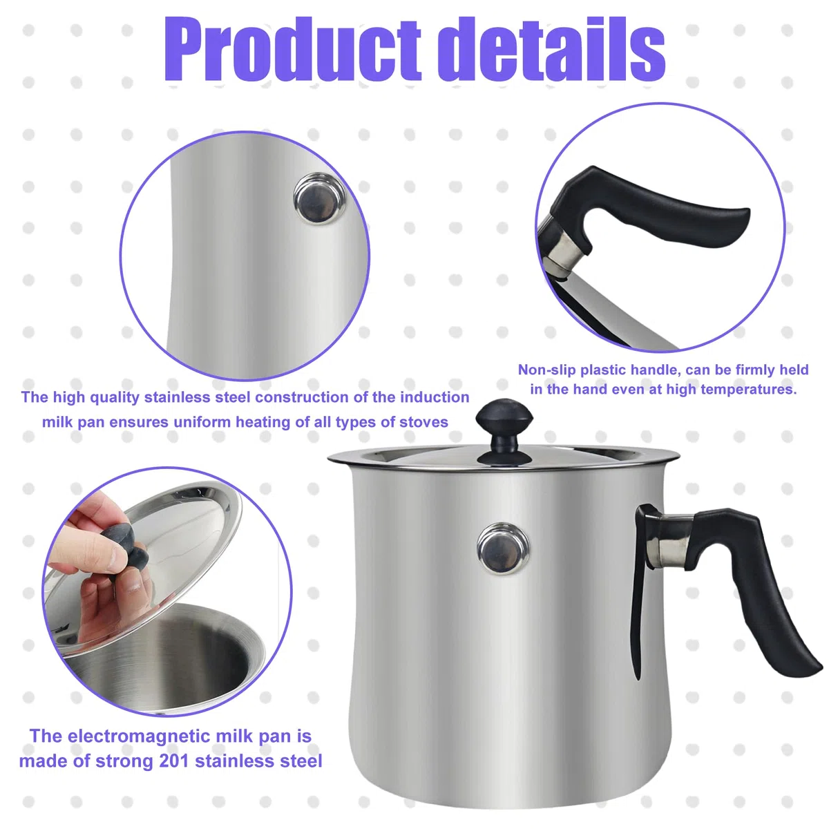 Olla para leche de inducción de doble pared, 1,5 litros, acero inoxidable, con vertedor y tapa de cristal, 15 cm de alto, con mango de plástico antideslizante, apta para todo tipo de fuegos