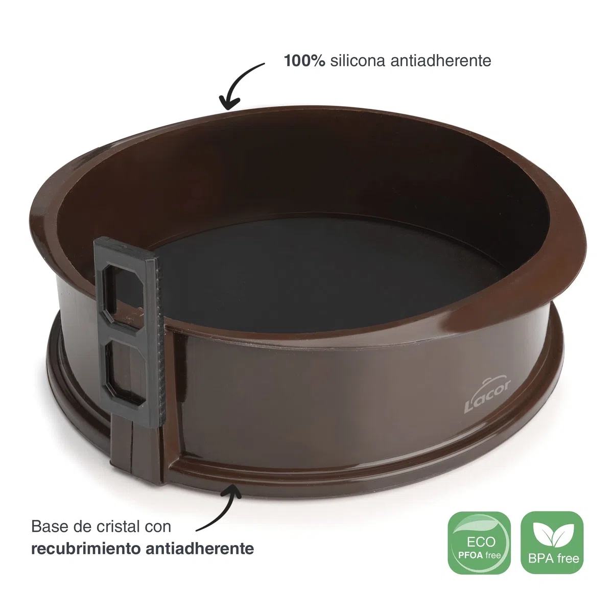 LACOR 66775 Molde Desmontable Redondo de Silicona, Molde de reposteria, Silicona alimentaria antiadherente, Cierre seguro, Ideal para Pasteles y Tartas, Base de cristal, Marrón, 25 x 8 x 10 cm