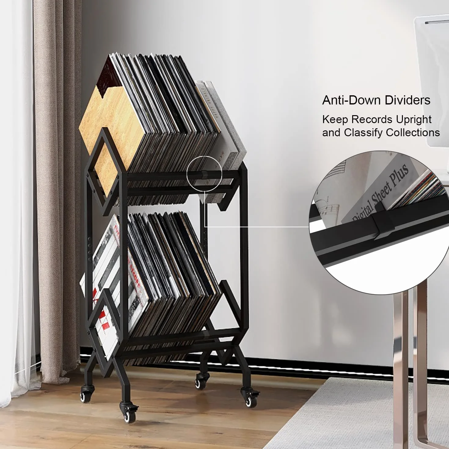 VEDECASA Soporte de almacenamiento de discos de vinilo para DJ, soporte de exhibición de almacenamiento LP con ruedas, fácil de mover, organizador de archivos de oficina, estante