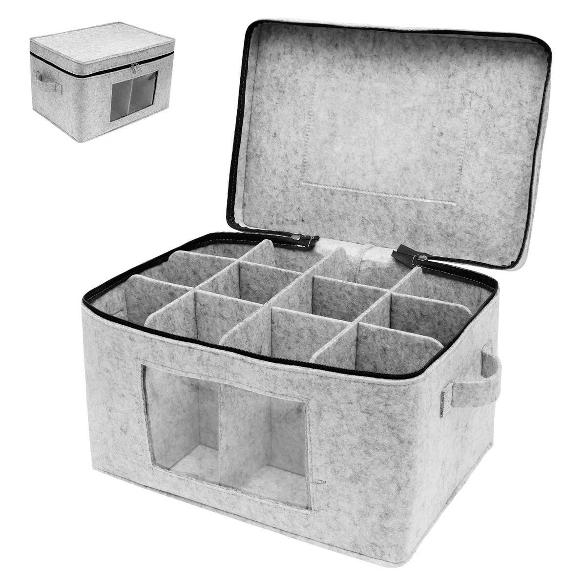 Caja de almacenamiento para copas de vino con 12 divisores, ventana transparente, 40 x 29 x 25,5 cm, caja de almacenamiento para copas de vino, de fieltro, apilable, para guardar copas de