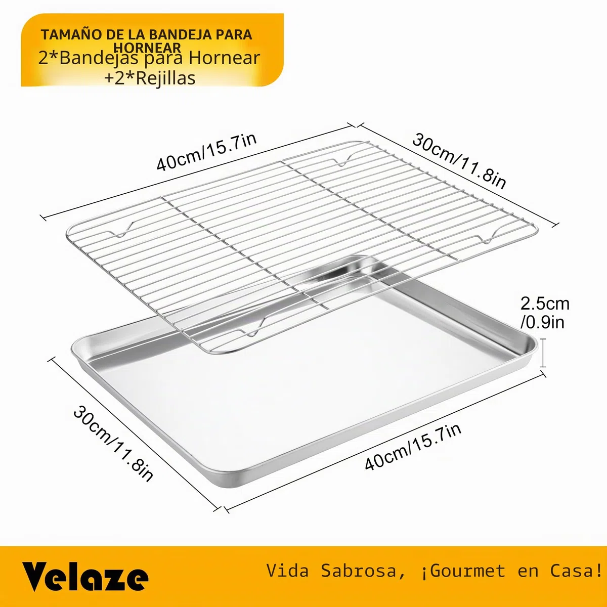 Velaze Bandeja de Horno con Rejilla de Enfriamiento (2 Sartenes + 2 Rejillas), de Acero Inoxidable, con Rejilla de Cocina, no Tóxico y Saludable, Inoxidable, Fácil de Limpiar y Apto para Lavavajillas