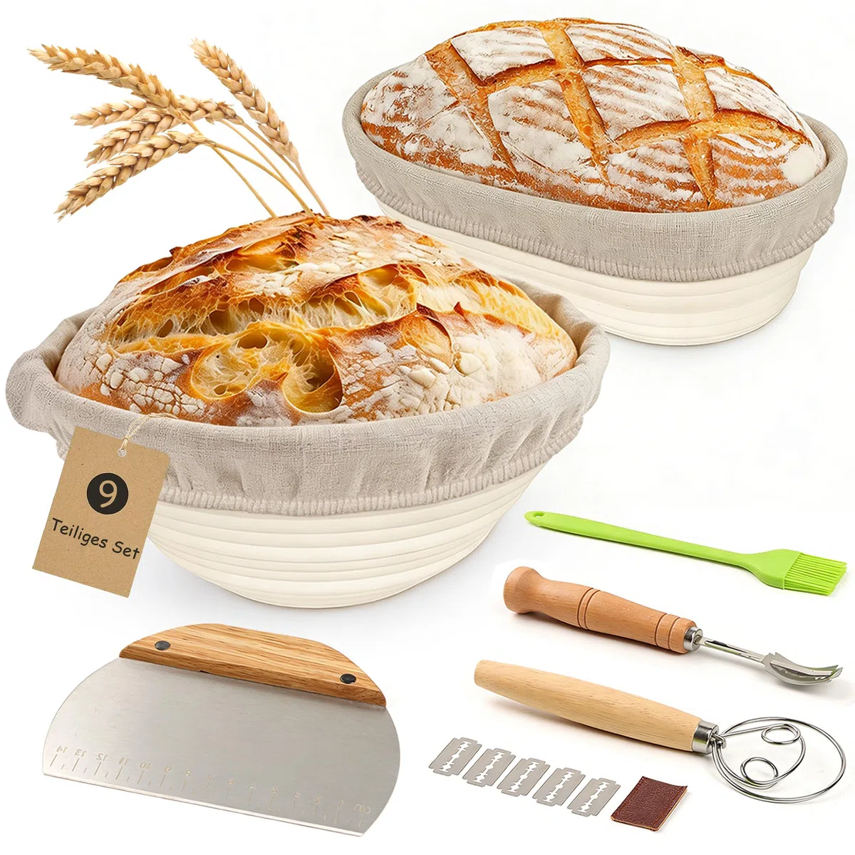 FIVAVA Cesta de Fermentación para Pan, 25 cm Redondas y 24 cm Ovaladas Banneton Cestas para Pan de Silicona,con Cuchillo de pan,Batidor de Masa