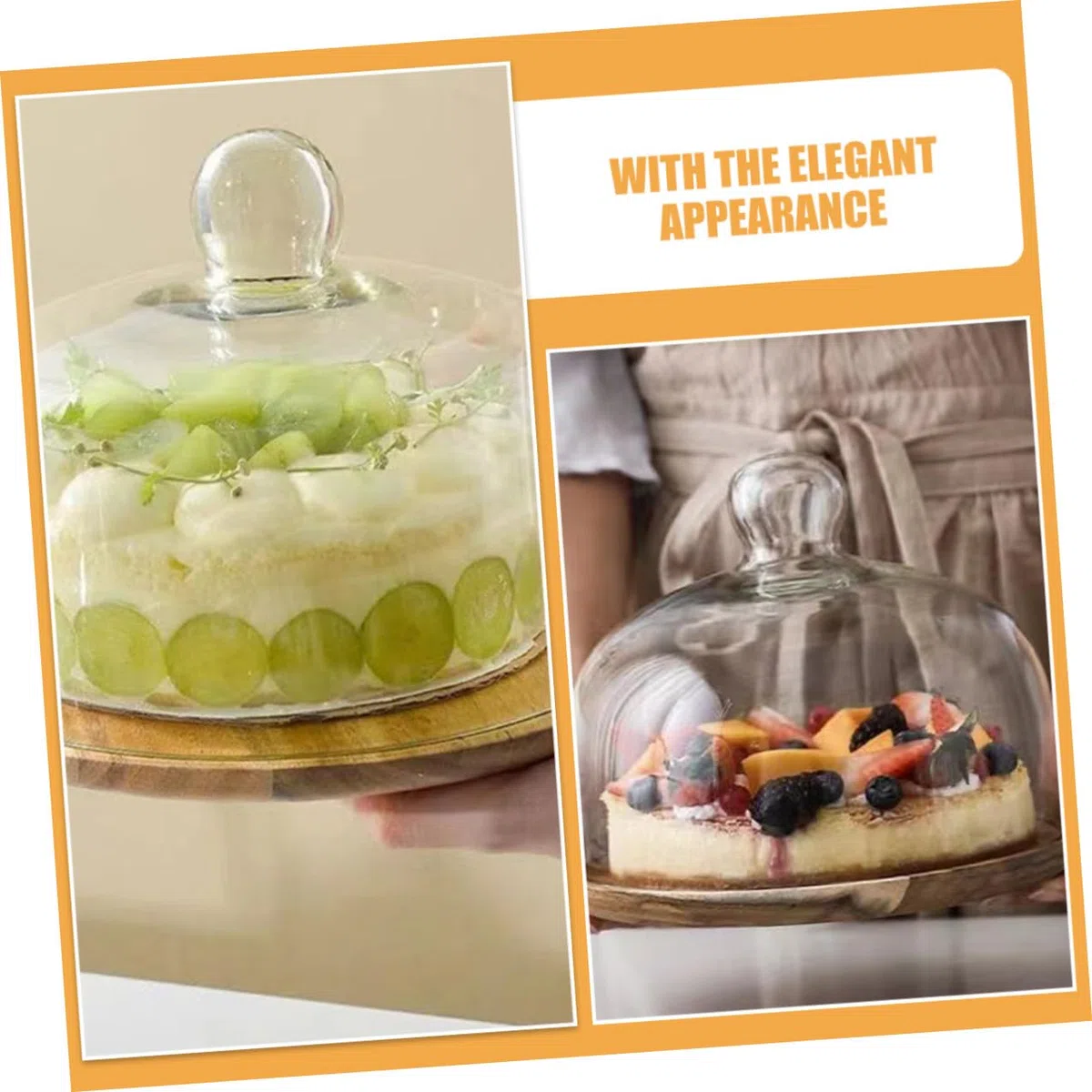 CLISPEED Bandeja de Madera Acacia 25 Cm Cúpula de Vidrio Transparente, Soporte para Pasteles y Postres, Bandeja de Exhibición para Repostería, Adecuado para Cocina y Eventos