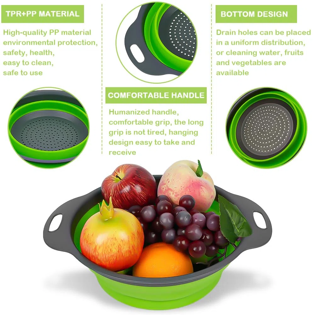 AUAUY 2 Piezas Colador de Cocina, Colador Plegable Redondo de Silicona con Asas, Coladores de Alimentos Ecológico con Orificio Grande para Escurrir Pasta, Verduras, Frutas(1 Grande y 1 Pequeño)