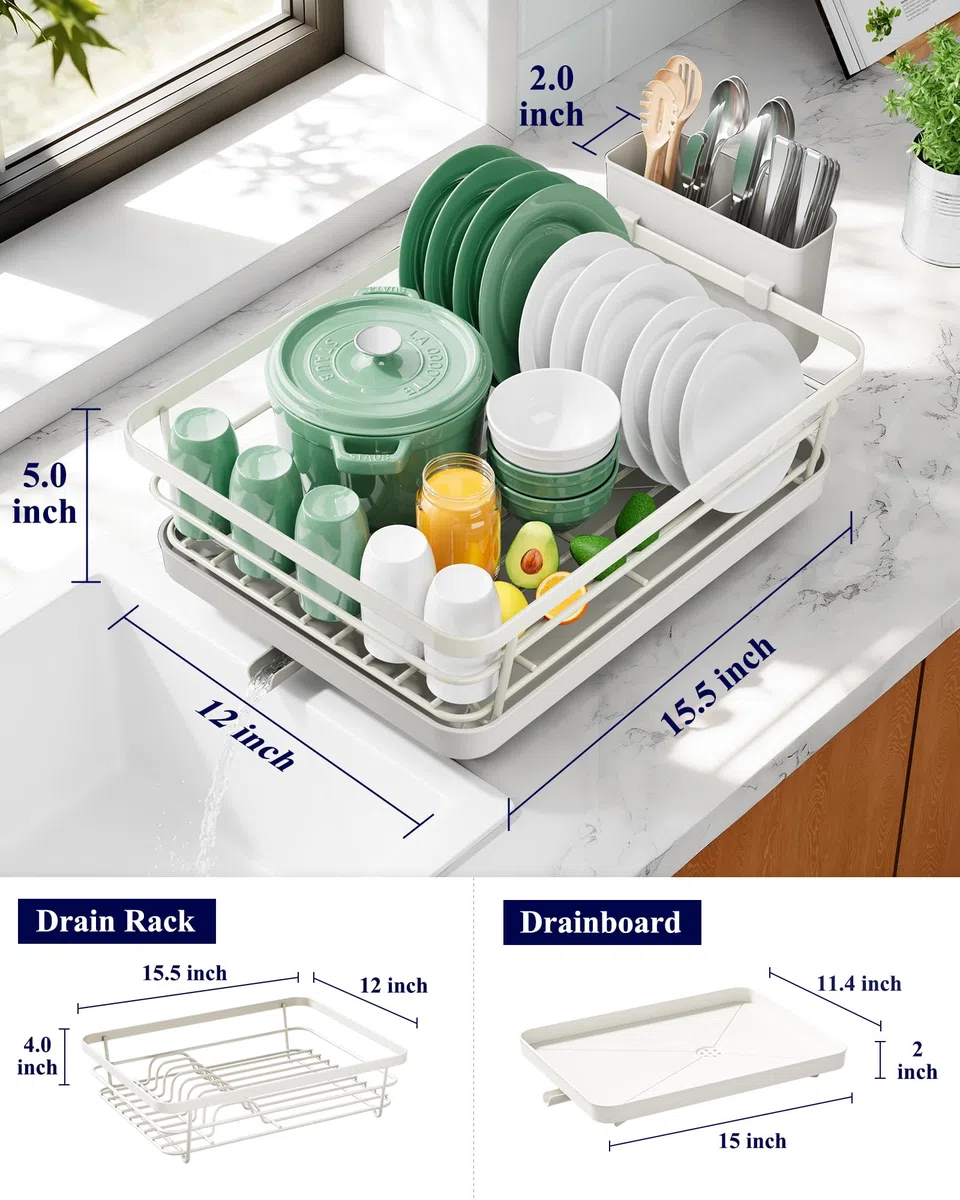 Kitsure Escurridor de platos para encimera de cocina, 12 pulgadas de ancho x 15.5 pulgadas de largo, gris claro | Organizador de fregadero de acero inoxidable, soporte para cubiertos, decoración del hogar y apartamento