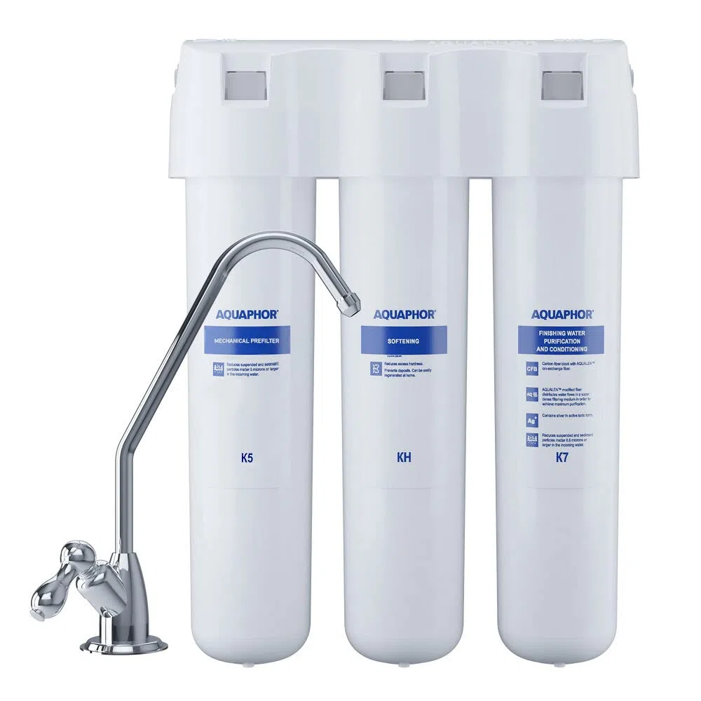 AQUAPHOR Crystal HA TRIO Filtro de agua potable con grifo de 1 vía, ablandador de agua con barrera de gérmenes, microfiltración hasta 0,8 micrones