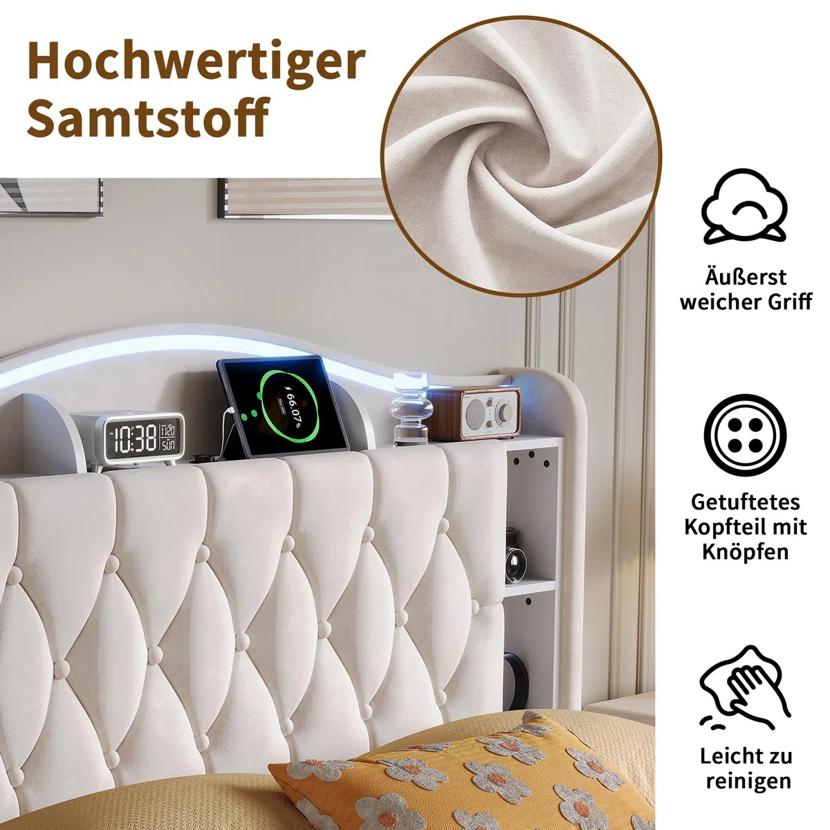 Cama tapizada de 160 x 190 cm con espacio de almacenamiento, cama doble con LED, cama hidráulica con somier, cama con somier, cama juvenil con espacio de almacenamiento y cabecero, para