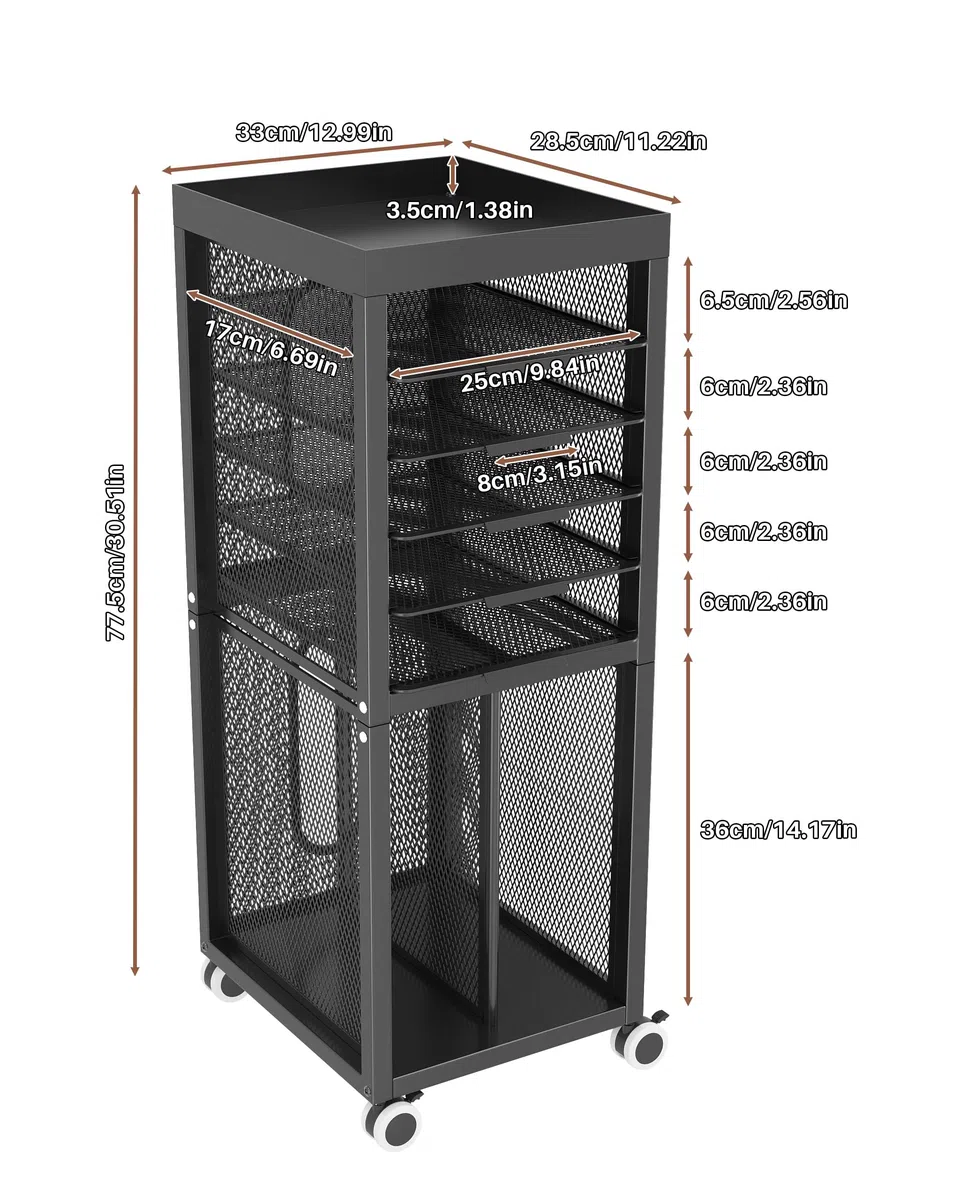 Carro de Oficina con Ruedas, Carro Utilitario Metálico con Estantes de Malla Extraíbles y Almacenamiento Vertical de Archivos, Carro Móvil para Oficina, Estudio y Aulas (Negro)