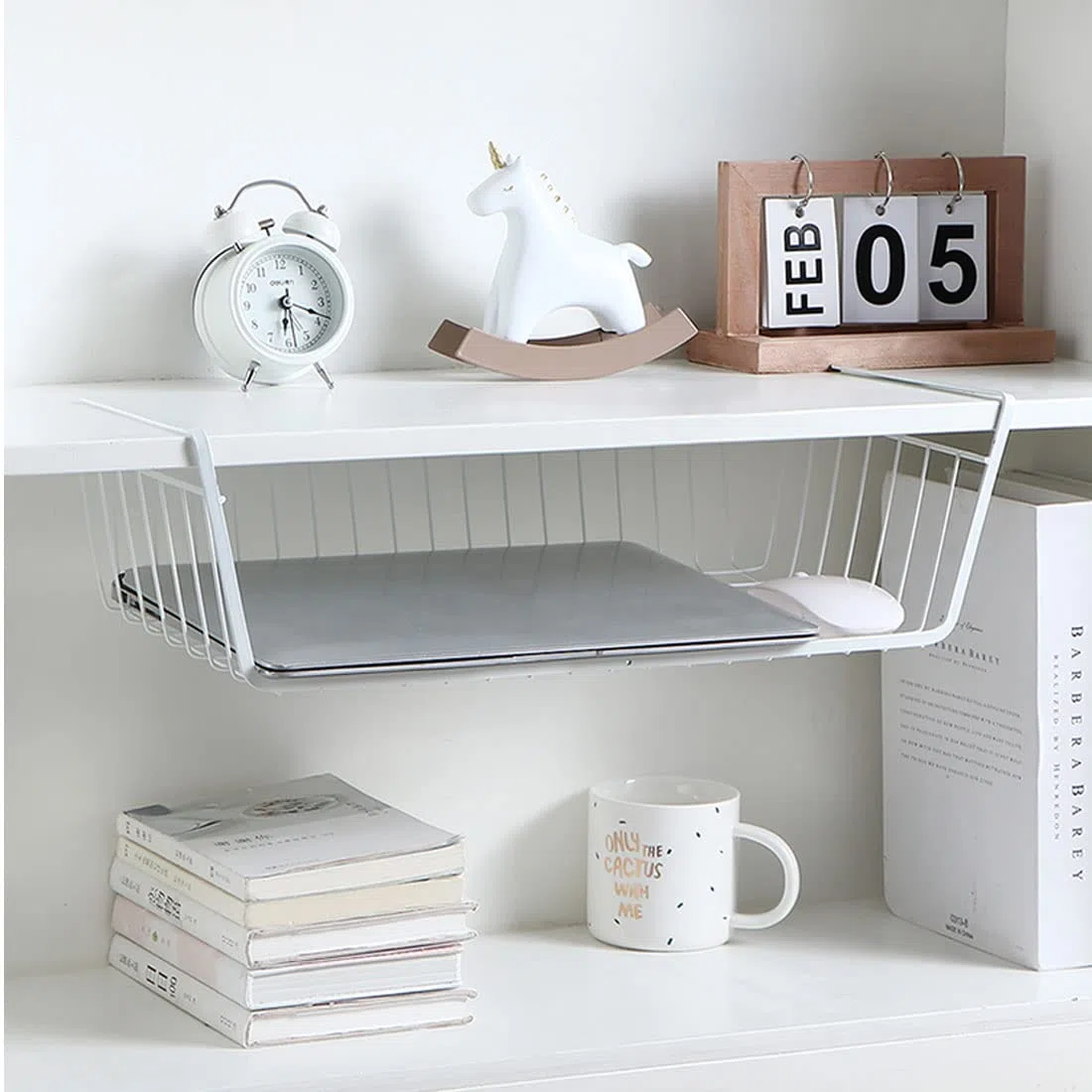 Cesta de almacenamiento para colgar debajo del estante, organizador de alambre de metal extraíble para cocina, armarios, estantes, gabinete, oficina (paquete de 2 unidades), color blanco