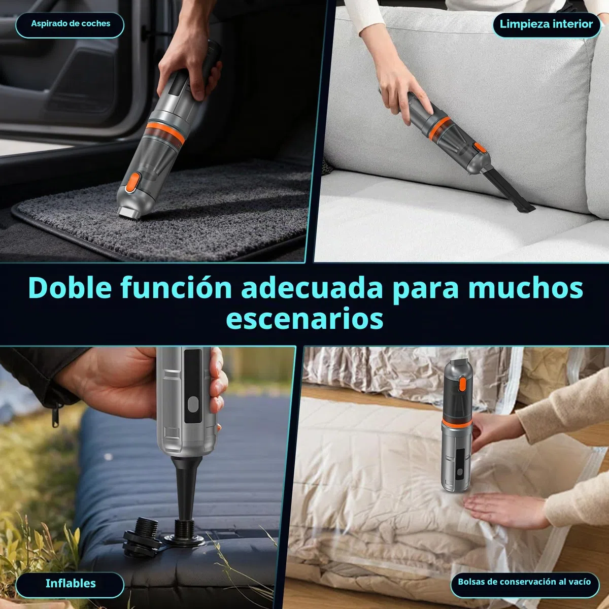 Aspirador de Mano 16000 PA Succión, 7 en 1 Ultra Potente Mini Aspiradora Coche sin Cable Potente Portátil Recargable con Motor sin Escobillas para Coche, Hogar, Oficina y Camping