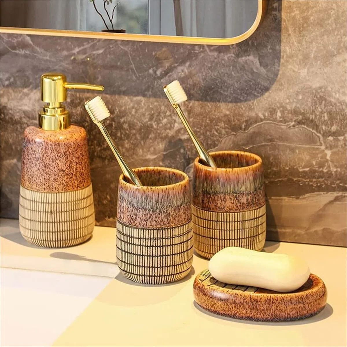 Bathroom Sets El Juego de Accesorios Incluye dispensador jabón, Plato for, Vaso y Soporte for cepillos Dientes (4 Piezas) Coastal Decor