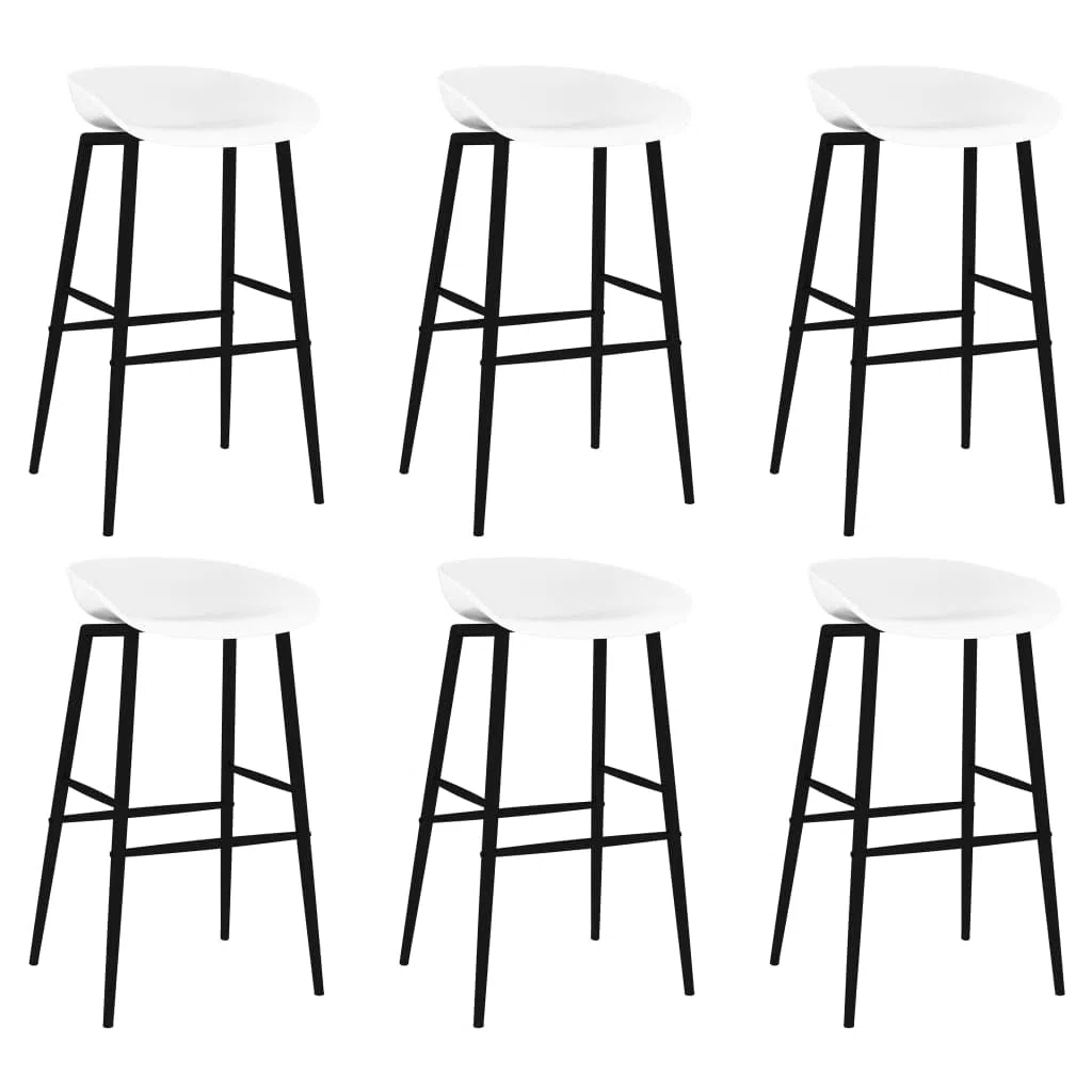 Juego de 7 piezas de bar en blanco y negro con mesa de tablero de fibra de densidad media y patas de metal y taburete de bar con respaldo para instalaciones modernas