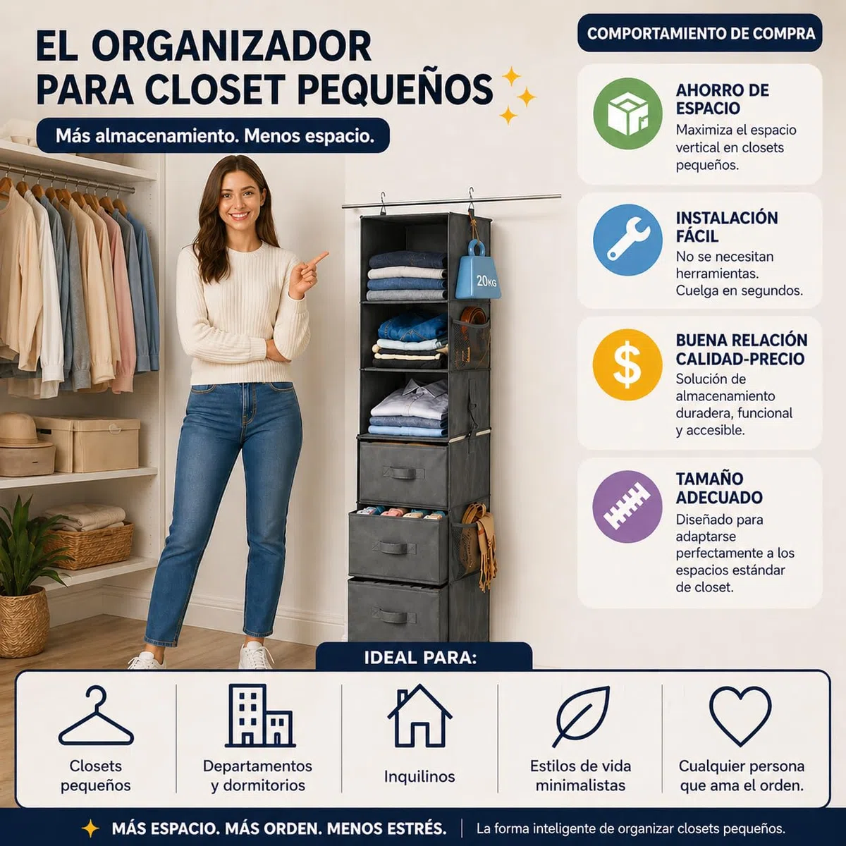 Armario Colgante 6 Baldas con 3 Cajones, Separable en 2 Módulos, Baldas Reforzadas Anti-hundimiento, Estantería Tela Plegable para Ropa, Sistema Vertical de Almacenaje