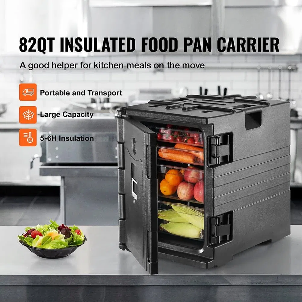 Caja de poliestireno de 90 l, porta alimentos aislante, con asas y ruedas integradas, calentador de alimentos de carga frontal, para transporte de alimentos en camping y picnics, color negro