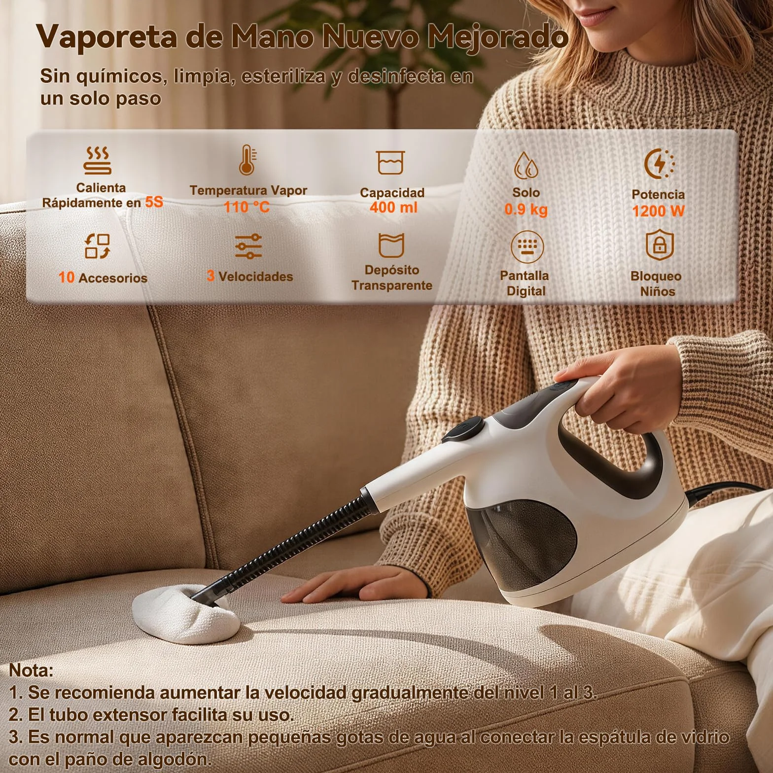 Vaporeta de Mano, Calentamiento en 5S, 400ML Tanque Transparente (Fácil Rellenar), Solo 0.92kg, Vaporeta Limpieza Hogar Con 10 Accesorios, Sin Químicos para limpiar Cocina, Juntas, Sofás, Alfombras
