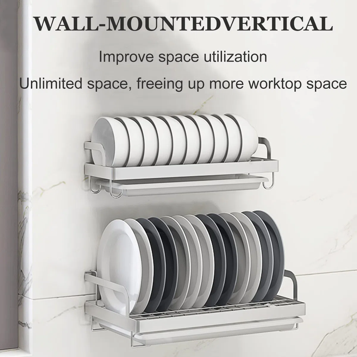 Escurridor de platos de acero inoxidable con soporte para cubiertos de pared y bandeja de drenaje para un almacenamiento y organización eficientes de la cocina