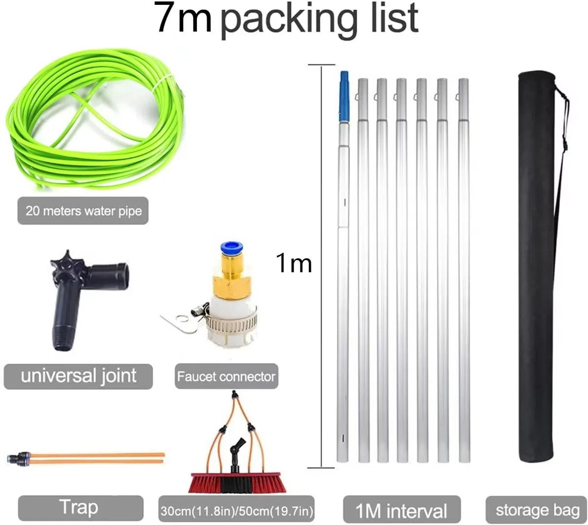 Genérico Kit telescópico de Limpieza de Ventanas de 7,3 m: Cepillo con Agua, Plumero y paños de Microfibra; Mango Extensible de Largo Alcance para Ventanas impecables y fácil Limpieza.