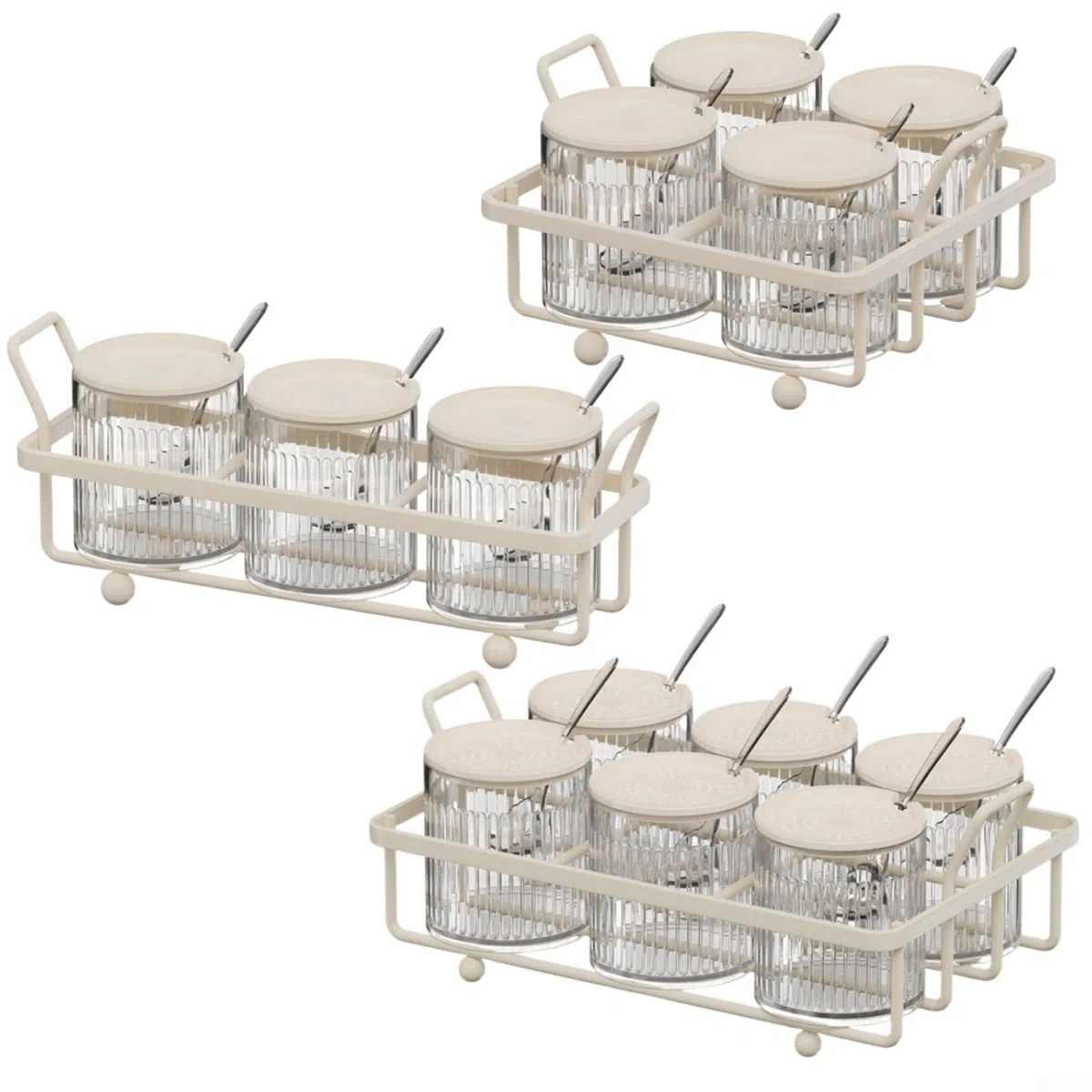 Recipiente de especias para encimera de cocina con tapas y cucharas, tarro de metal y plástico transparente para almacenar sal, pimienta y varios condimentos (6 botellas)