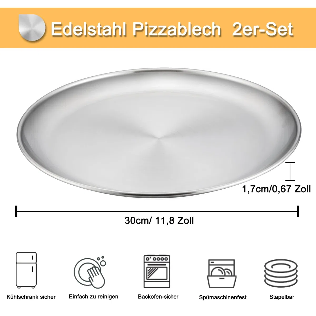 Homikit Bandeja para pizza, 30 cm, redonda, de acero inoxidable, para pizza, juego de 2 unidades, para hornear en el horno, saludable y duradero, fácil de limpiar y apto para lavavajillas