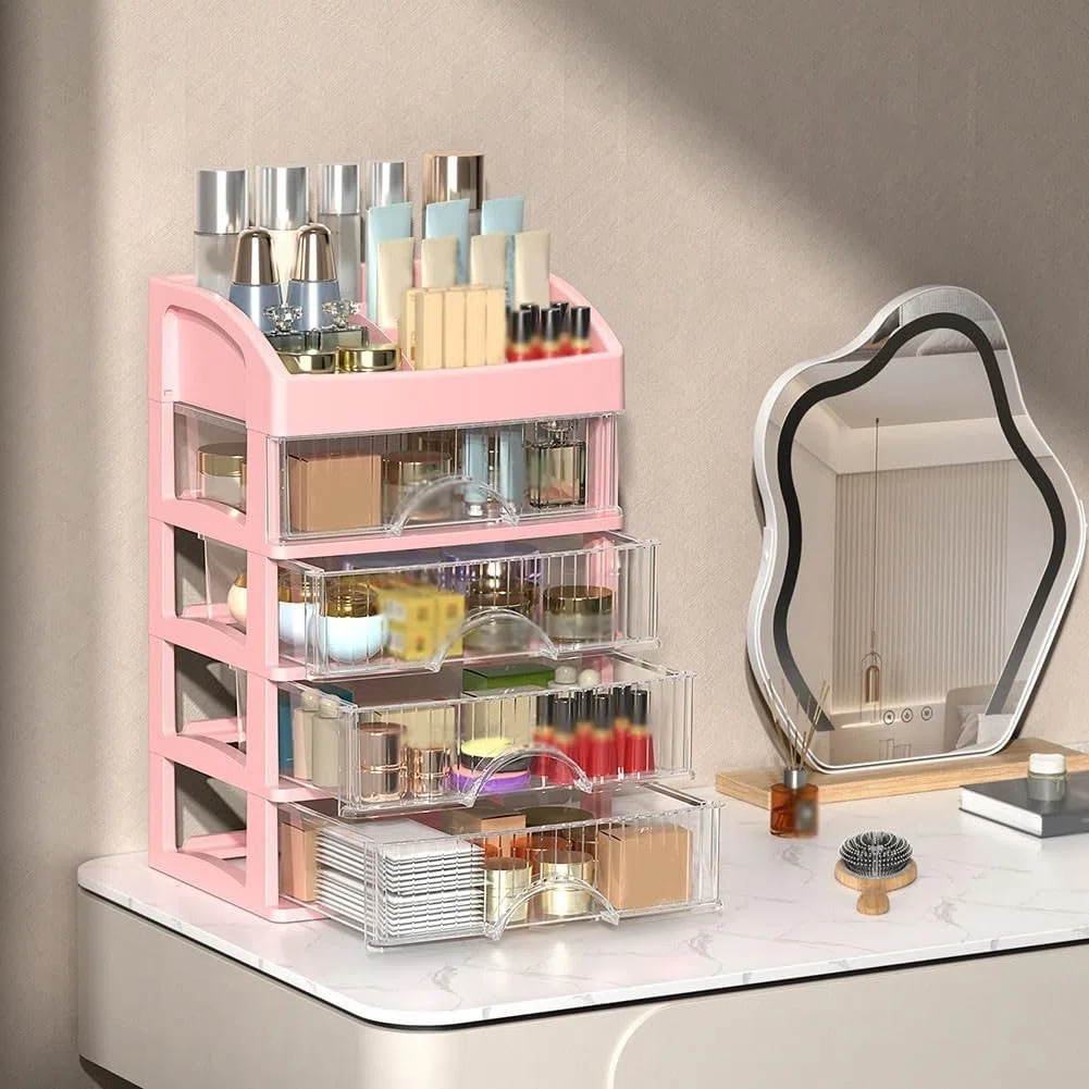 Caja de almacenamiento de maquillaje blanca con cajones, organizador de cosméticos ABS tocador, compartimentos ajustables para el cuidado de la piel y joyas, rosa