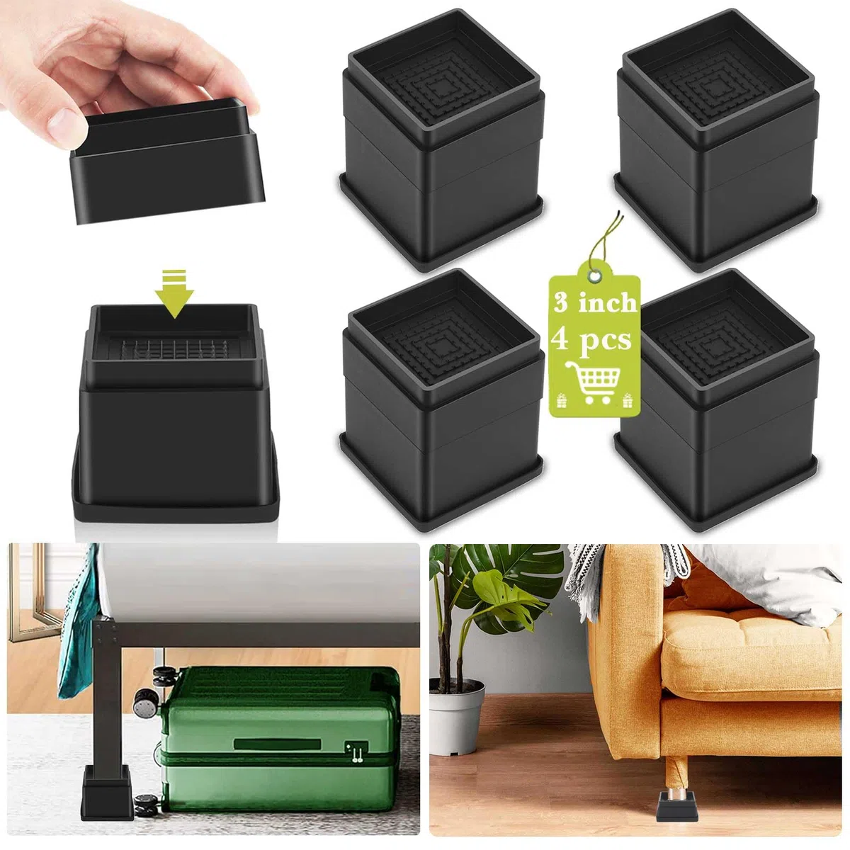 Paquete de 4 elevadores de muebles de 3 pulgadas, elevadores de cama ajustables resistentes para mesa, escritorio, silla, sofá, armario, cama, dormitorio, elevadores cuadrados apilables para