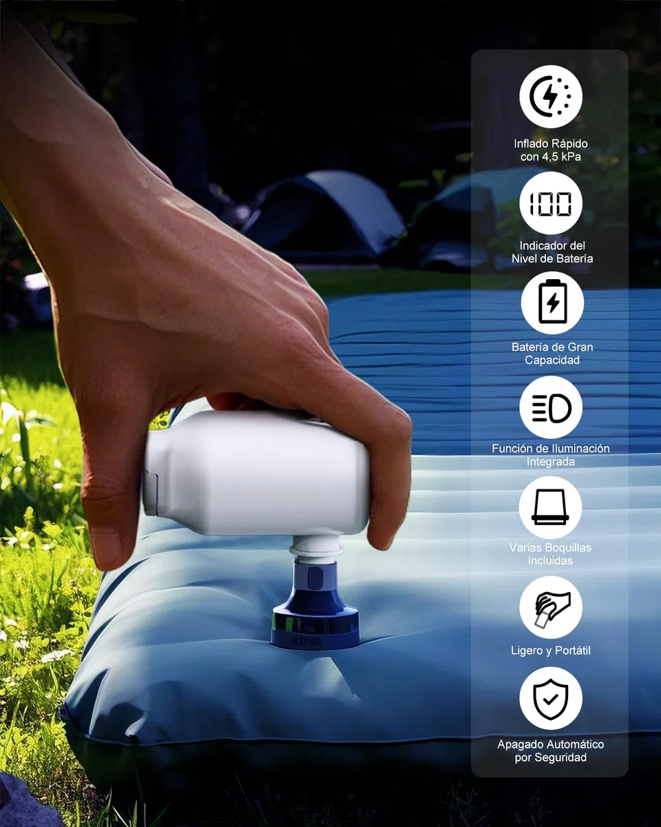 Inflador Eléctrico con Batería para Colchón Inflable, Camas Hinchables, Bolsas Vacío Ropa, Piscina Hinchable, 5 Boquillas & Luz de Camping, Hinchador de Inflado y Desinflado Rápidos, Bomba de Aire