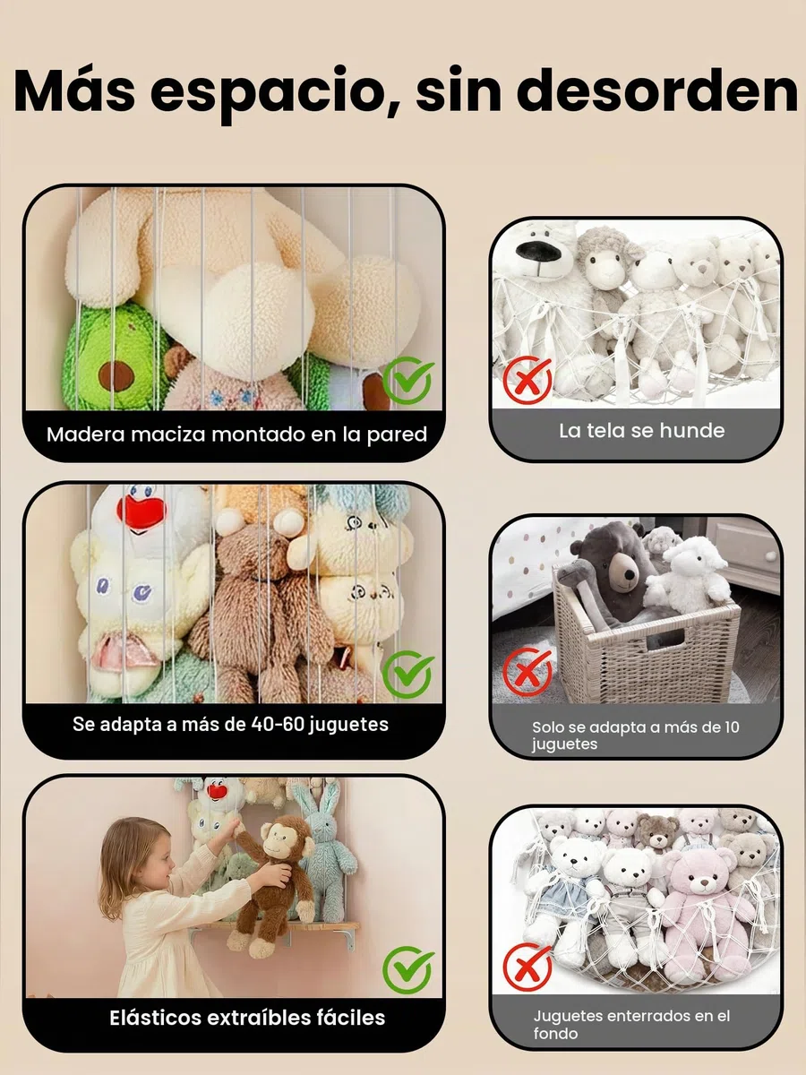 SUNMON Organizador Peluches de Pared Ajustable, Madera Maciza con Diseño de Estrellas, Estante Peluche Colgante, 111-180 cm de Altura, Almacenamiento Juguetes para Habitación Infantil
