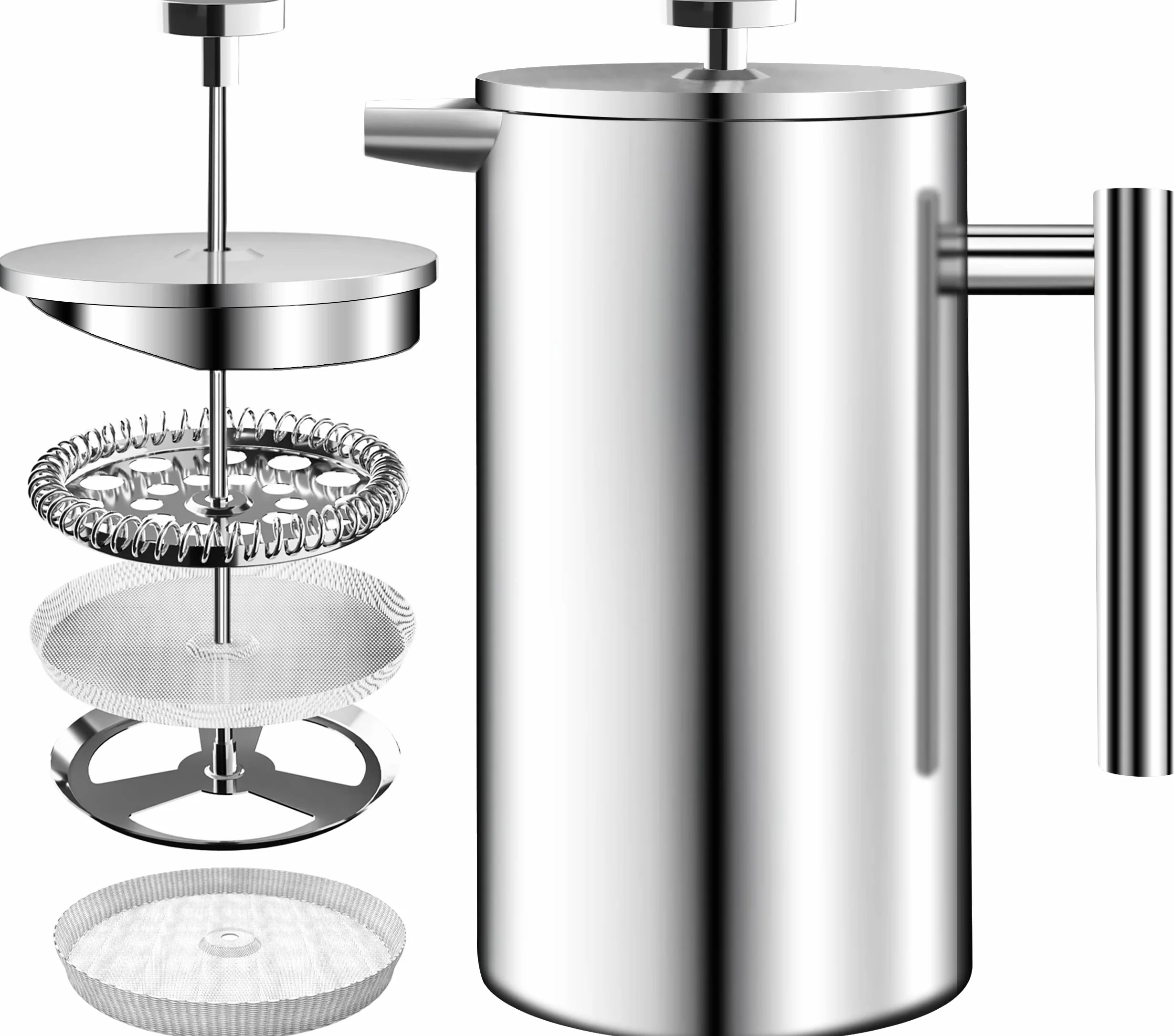 KICHLY Cafetiere Cafetera de prensa francesa de acero inoxidable de 8 tazas, prensa de café con sistema de filtración de 3 niveles, cafetera aislada de doble pared con 1 filtro adicional - 1000 ml -