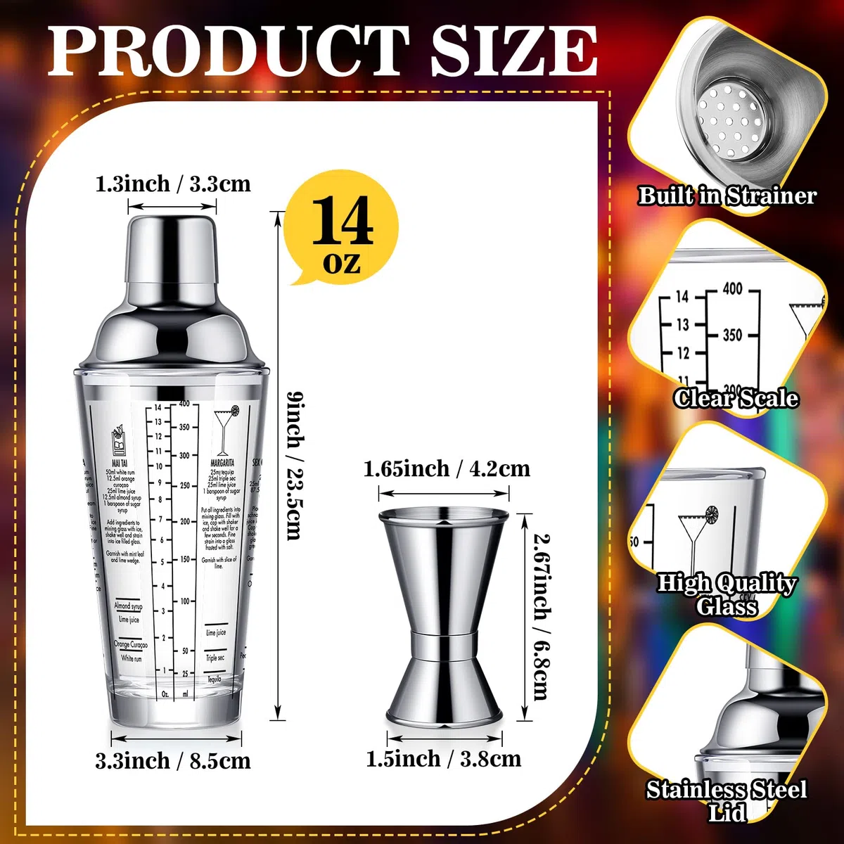 Roshtia Juego de coctelera de vidrio de 16 piezas, coctelera de Martini a granel de 14 onzas, taza mezcladora transparente con medidor de acero inoxidable, juego de mezclador de cóctel, mezcla de