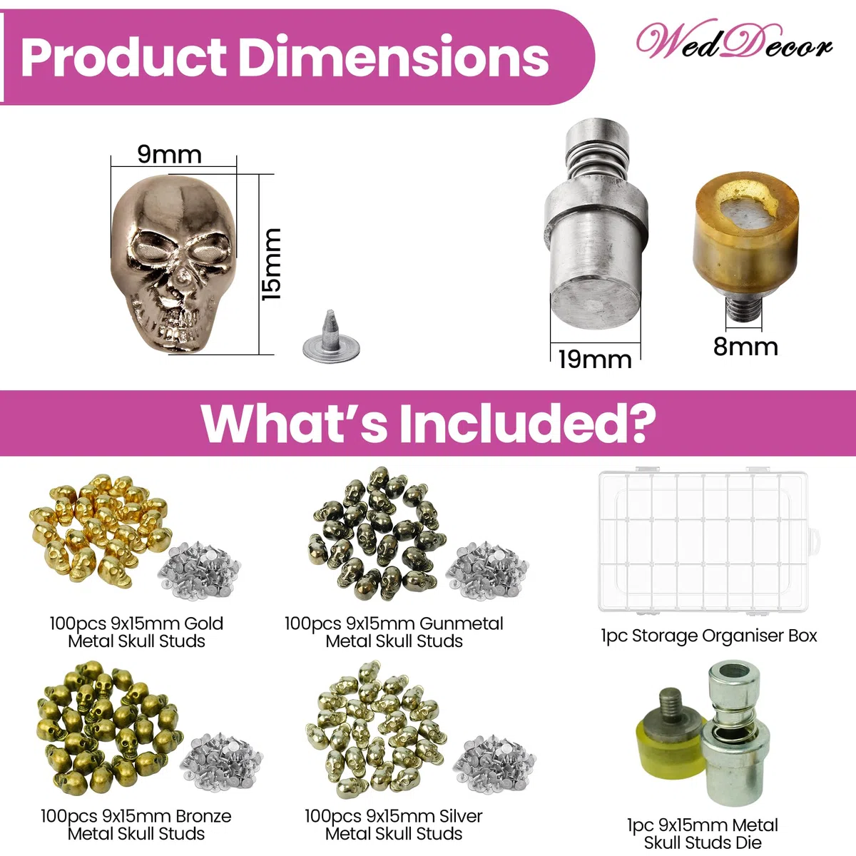 WedDecor 9 mm x 15 mm, 400 piezas de tachuelas de calavera con pines y troqueles de fijación con kit de almacenamiento, kit compatible con máquina verde para cuero, ropa, chaquetas, zapatos, bolsas y