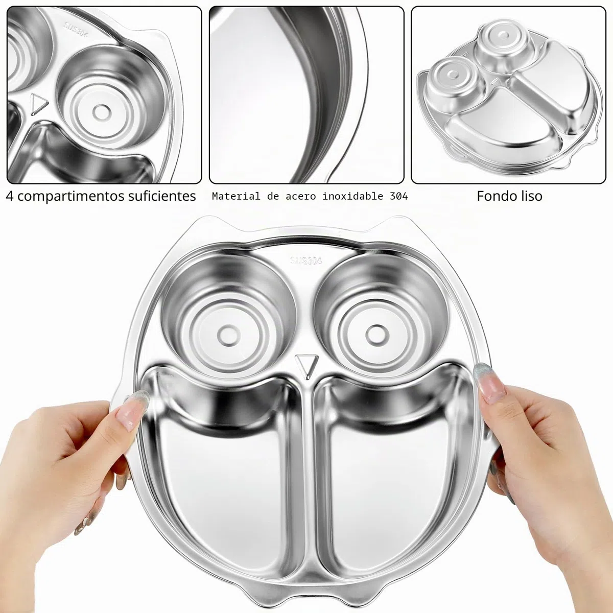 Noamus Paquete de 3 platos divididos de acero inoxidable, plato de cena 304 de 4 secciones, bandeja de control de porciones de dieta, plato de comida en forma de búho de 9 pulgadas para adultos,