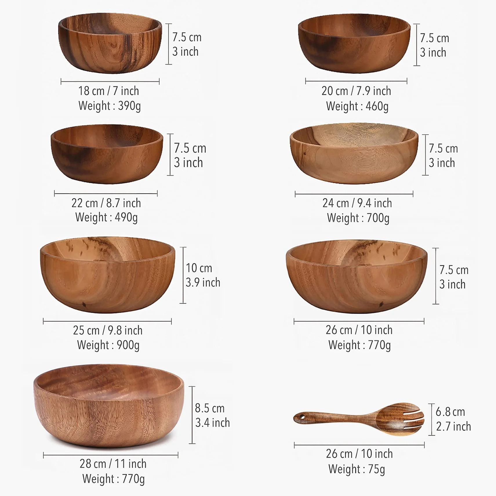 Ensaladera de madera de gran tamaño (26 cm x 7,5 cm), con juego de cuchara y tenedor de madera (26 cm x 6,8 cm), cuenco de madera de acacia, cuencos grandes de madera para servir