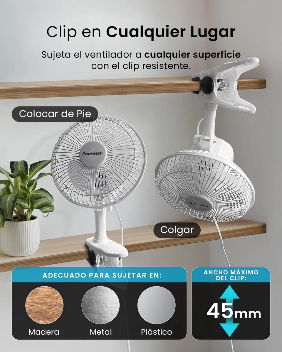 Pro Breeze Mini Ventilador de Sobremesa con Clip I Pequeño Ventilador Eléctrico con Funcionamiento Ultra silencioso y 2 Configuraciones de Velocidad I 15W para Hogar, Cama, Oficina y Escritorio