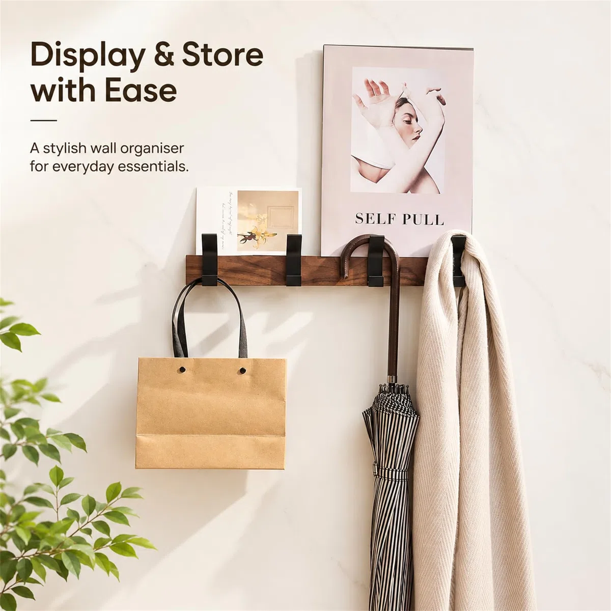 Perchero de Pared de Madera Maciza de Nogal Negro, 40 cm, 4 Ganchos Dobles de Metal Negro, Colgador de Pared para Abrigos, Toallas, Bolsos y Llaves, Entrada, Baño y Dormitorio