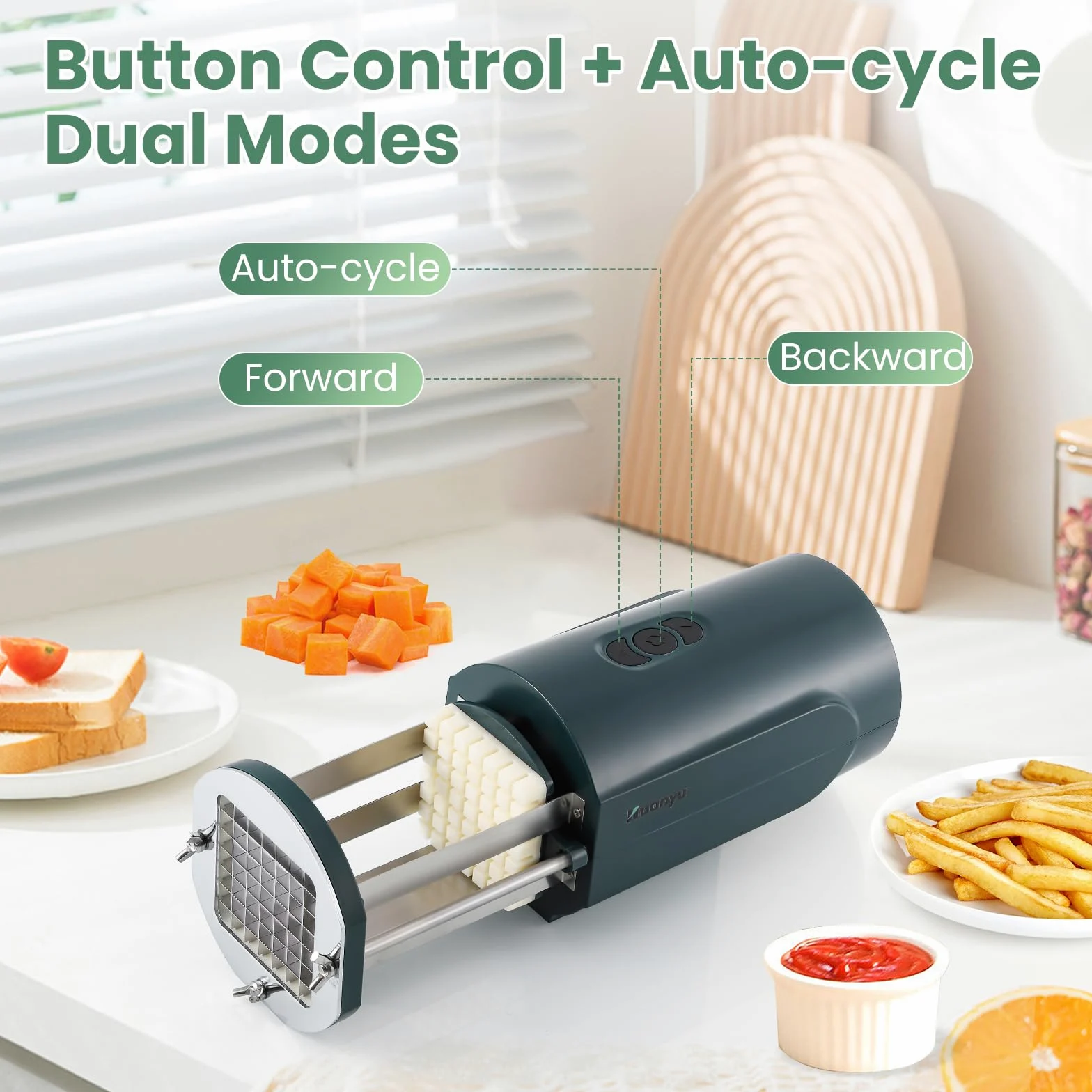 Huanyu Cortador eléctrico de patatas fritas con cuchillas de 2 tamaños, cortador de verduras multifuncional para patatas, zanahorias y pepinos (verde)