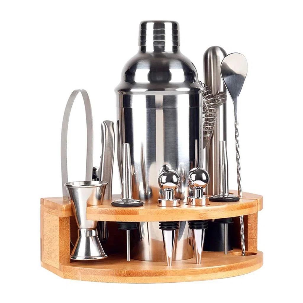 Kit de Barman de 12 Piezas con Soporte, Acero Inoxidable Coctel de cóctel, coctelero, Jigger, colador, Cuchara de Mezclador de Barras