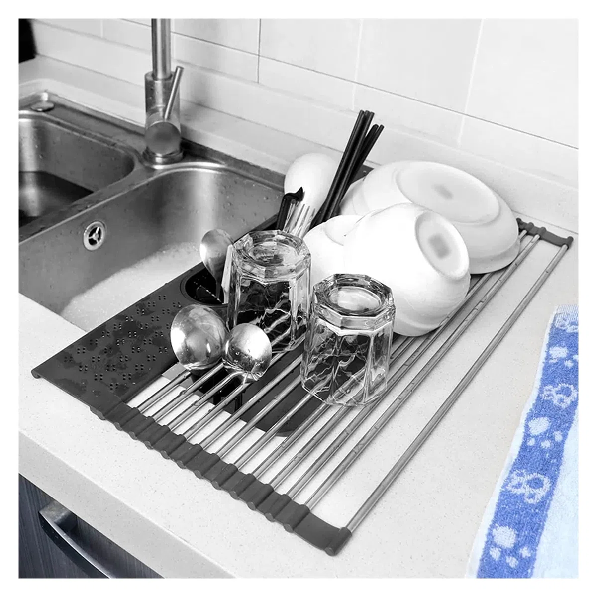 Colador Enrollable Rejilla para secar Platos Fregadero Escurridor de Platos rodante Rejilla para Fregadero Alambre de Acero Inoxidable Soporte para Almacenamiento de Fregadero Coladores/Cola