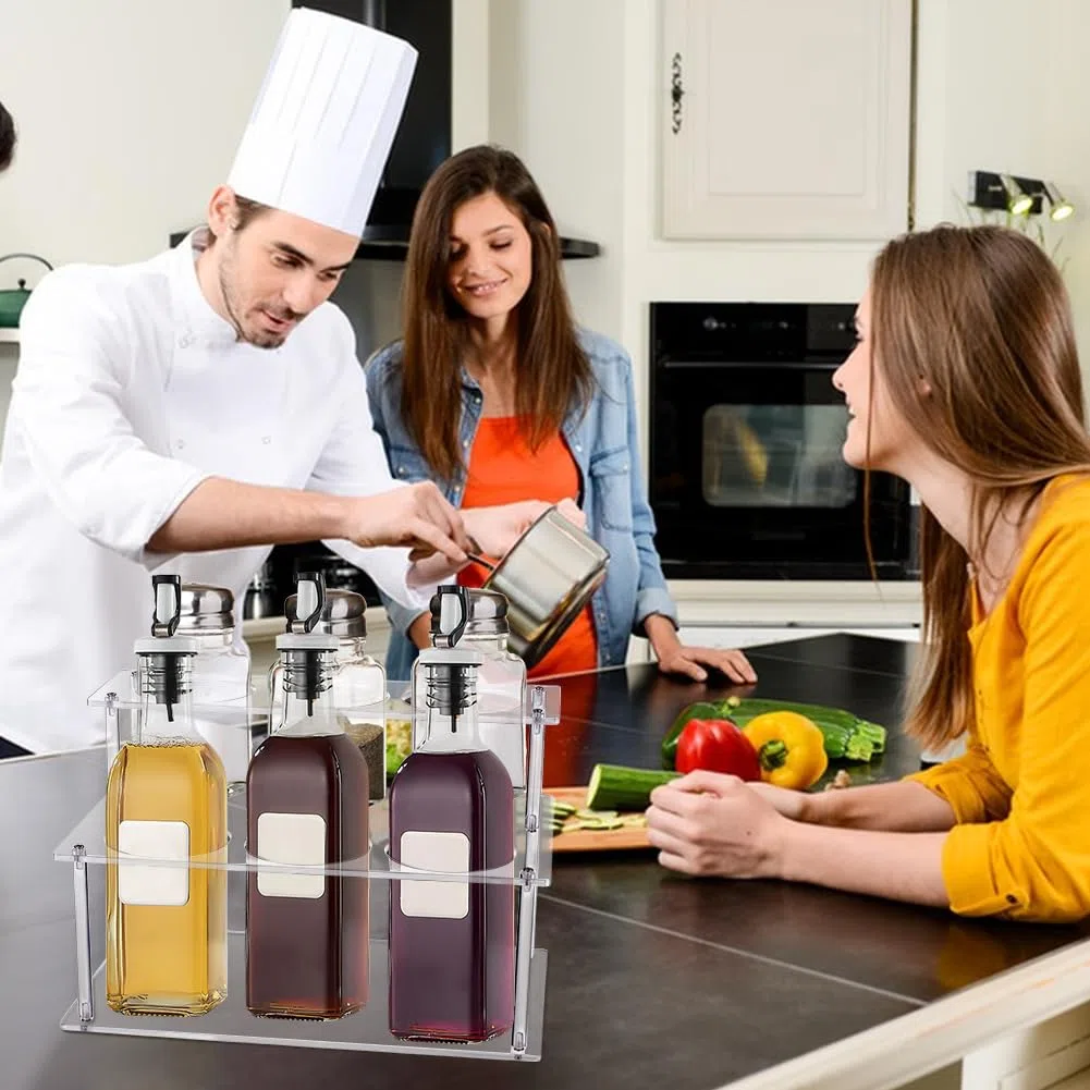 UNICRAFTALE 2 niveles de jarabe de café acrílico estante organizador para 6 botellas transparente soporte para botellas para encimera de cocina, armario de almacenamiento para frigorífico, sistema de
