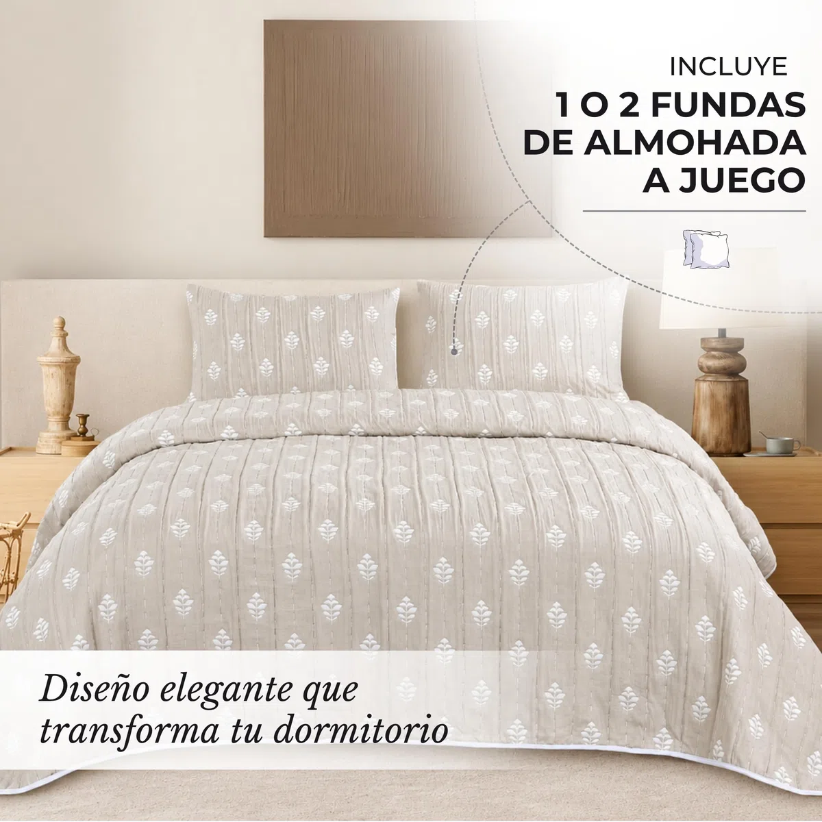 Colcha Boutí Bordada Cama 90 (180x260) para Verano y Entretiempo - 100% Microfibra Suave – Cubrecama Moderno Multiusos Ligero y Transpirable - Incluye 1 Funda de Almohada 70x50 cm (Cosenza Arena)