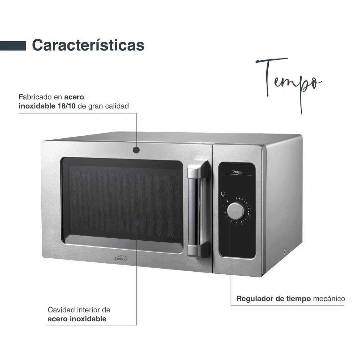 Lacor - 69329 - Microondas Tempo, Acero Inoxidable 18/10, Calentamiento Homogéneo, 1550 W, Uso Profesional, Cavidad Interior de Acero Inoxidable, Apto para Platos Grandes, 51x43x31 cm